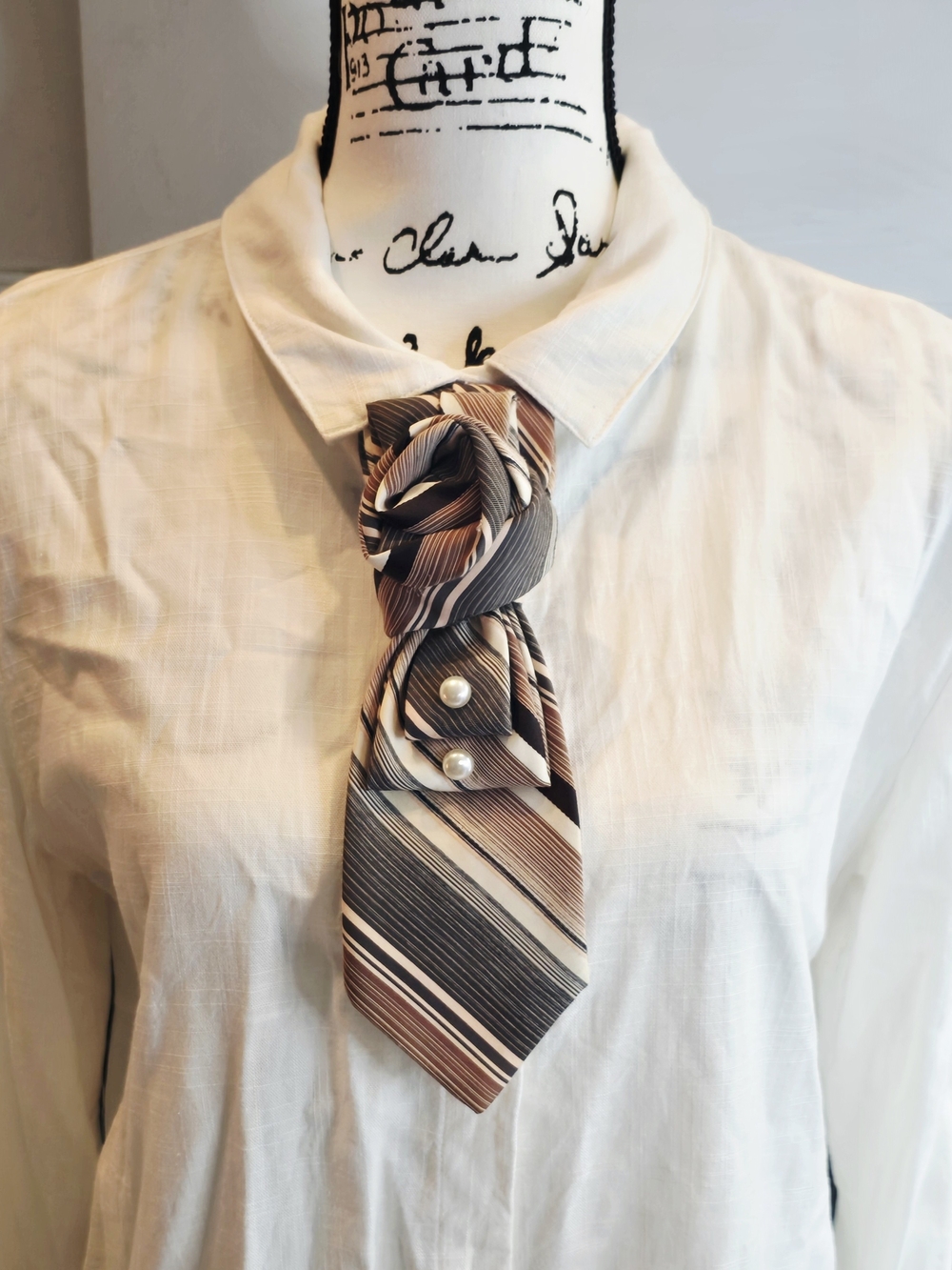 Striped Brown & Gray Men's Necktie Necklace with Brooch and Pearl Accents